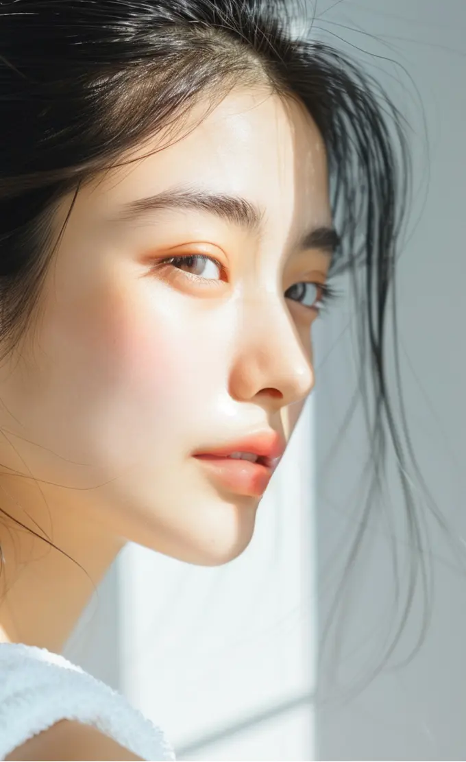 アートメイクをした女性が斜め正面を向いているシーン