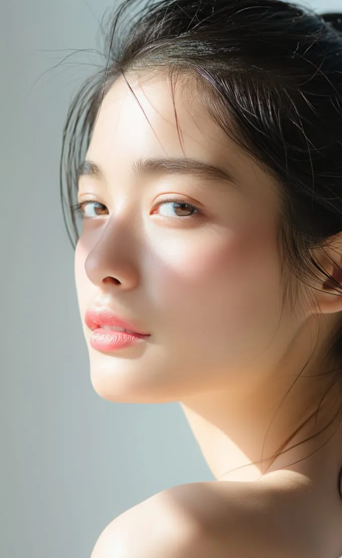 アートメイクをした女性が正面を向いているシーン